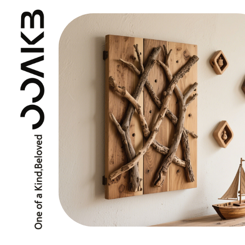 Natural branches on a rustic board bring nature into married life. It’s "One of a Kind, Beloved" uniqueness, adding charm to wedding memories.