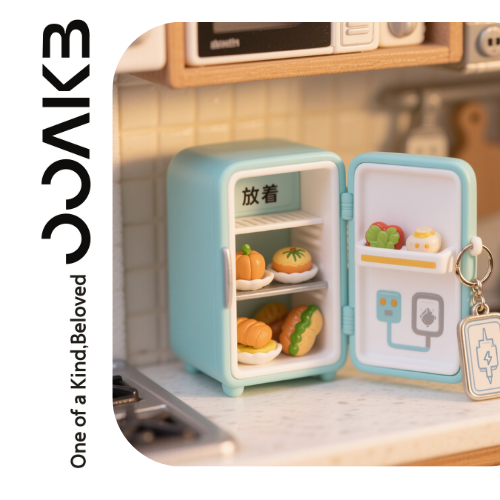 A mini fridge with tiny foods mirrors married life’s joys. It’s "One of a Kind, Beloved" playfulness, keeping warmth in wedding memories.