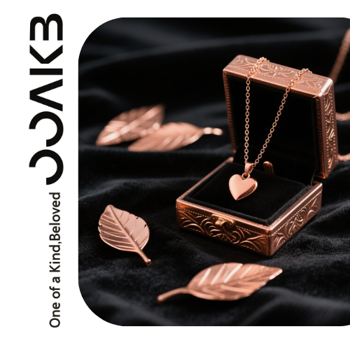 A rose - gold heart necklace in an engraved box shines with "One of a Kind, Beloved" promise, a perfect wedding memory token.
