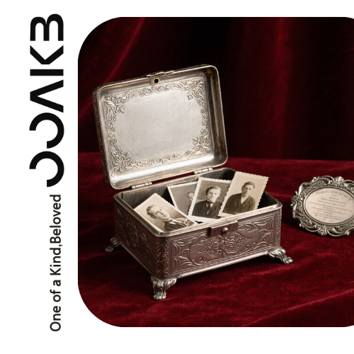 An engraved silver box stores old photos, preserving time’s stories – a “One of a Kind, Beloved” container of memories.