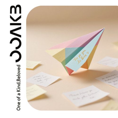 A colorful paper plane carries love notes, spreading married love. It’s "One of a Kind, Beloved" romance, writing sweet wedding memories.