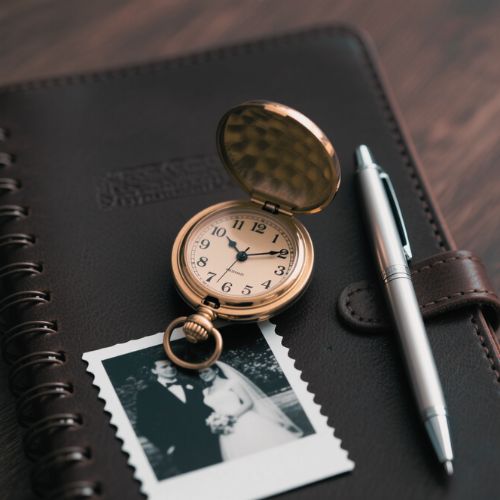 A brown leather notebook features an open gold pocket watch (time - tracking), a sleek silver pen (for anniversary notes), and a wedding - couple polaroid – ideal for users of a wedding anniversary calculator to visualize and document their journey.