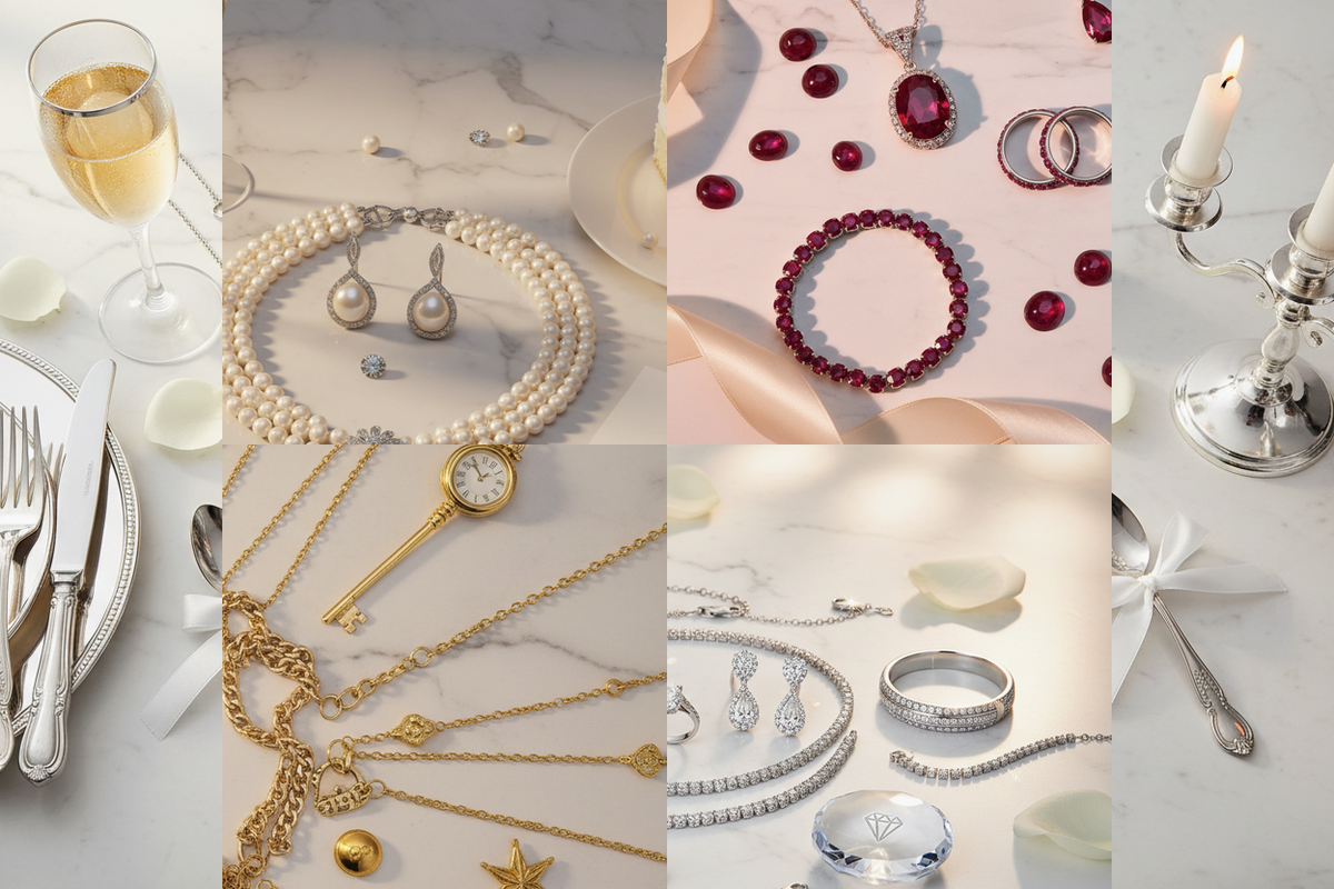 Collage of OOAKB anniversary guide scenes in silver-colored, cream, red, gold-colored, and clear-toned arrangements.