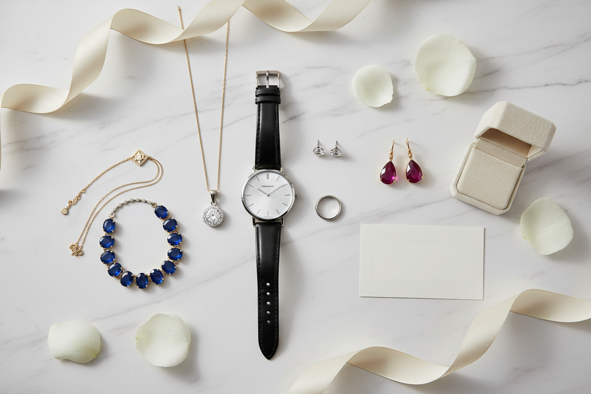 Pale tabletop arrangement with a wristwatch, jewelry-like objects, an open box, white petals, cream ribbon, and a blank paper card.