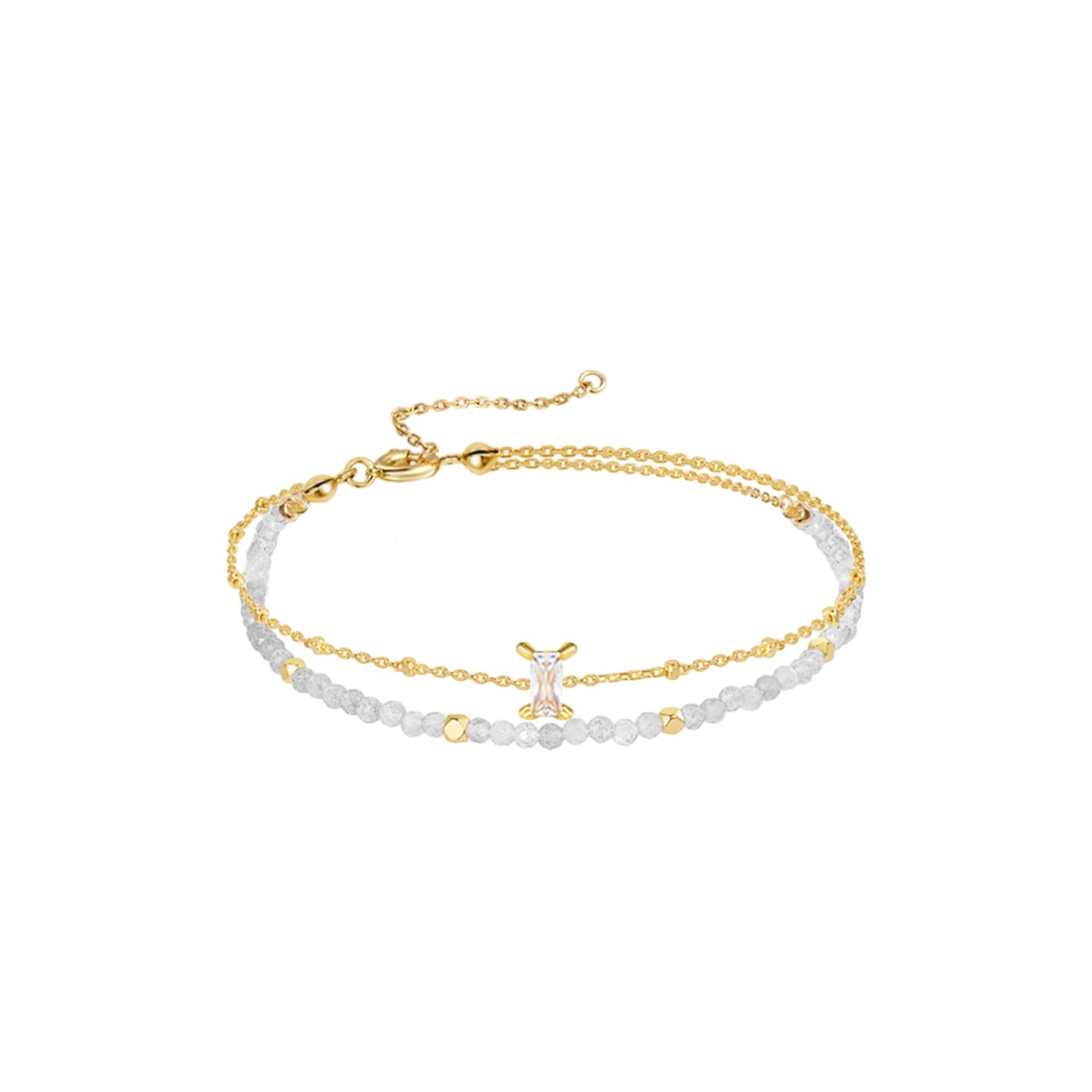 Gold-toned Gemini double-layer bracelet: bead strand + Gemini symbol charm (set with crystal). Delicate, stackable for daily wear.