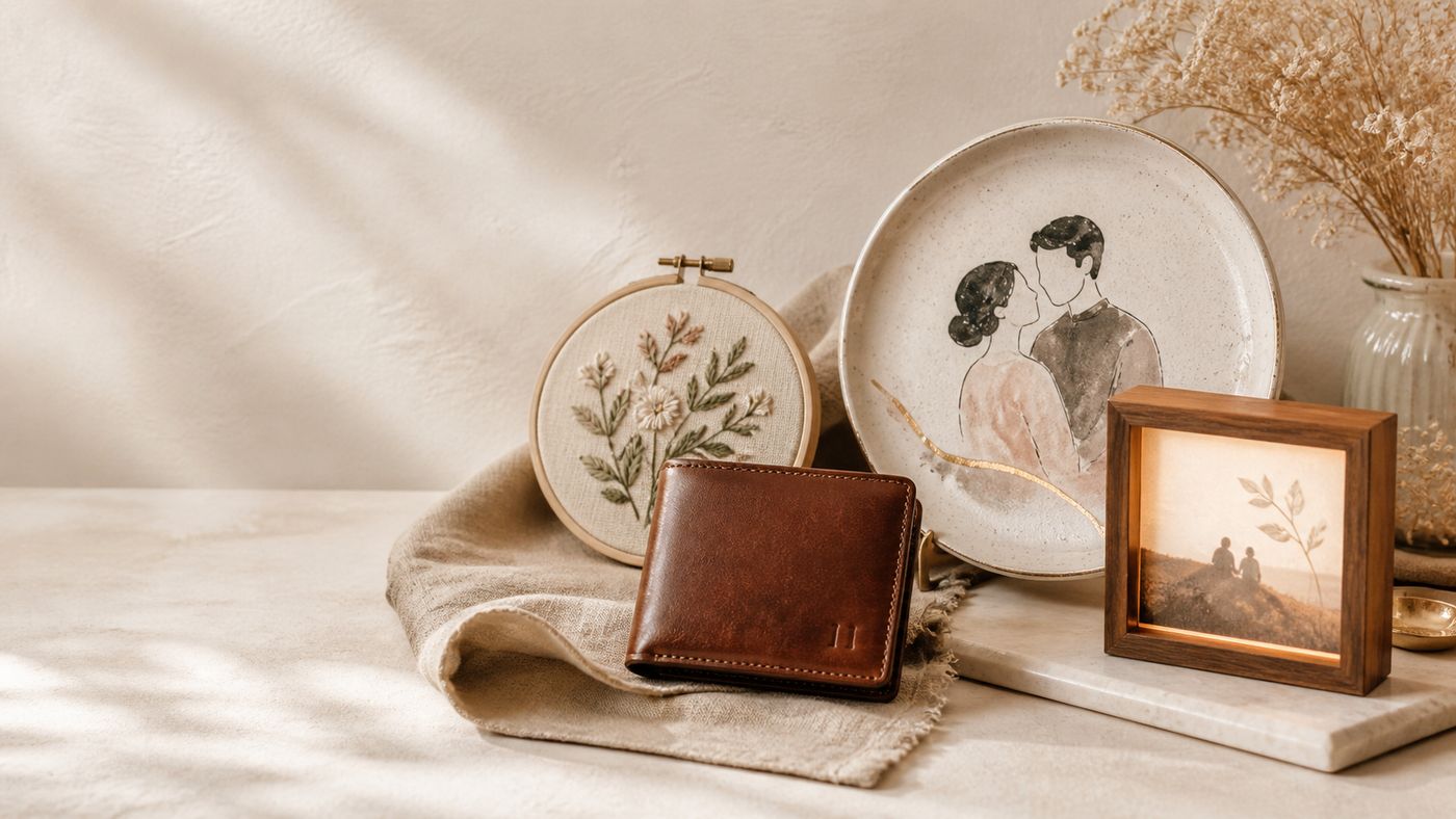 Artisan-made anniversary gifts including embroidery, leather, ceramic and photo keepsakes