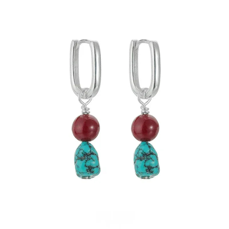 S925 Silver Turquoise & Red Bead Dangle Earrings - OOAKB