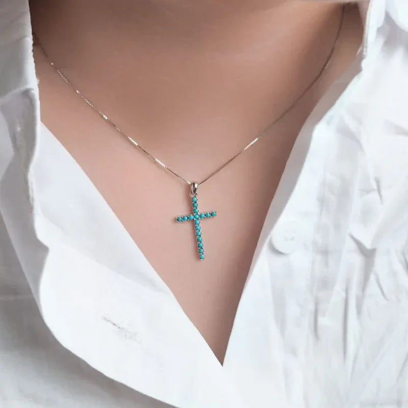 Natural Turquoise Cross Necklace - OOAKB