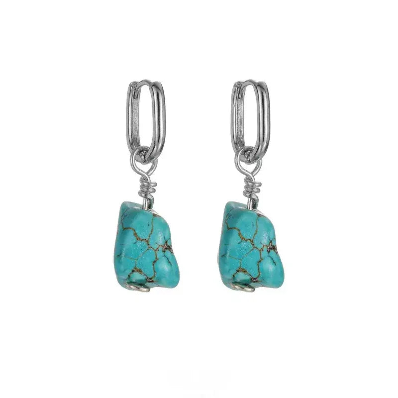 S925 Silver Blue Turquoise Irregular Dangle Earrings - OOAKB