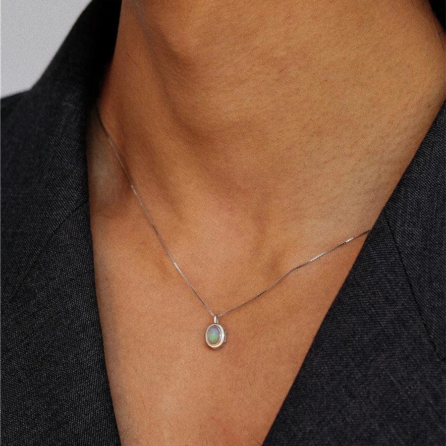 S925 Silver Opal Pendant Necklace Unisex - OOAKB
