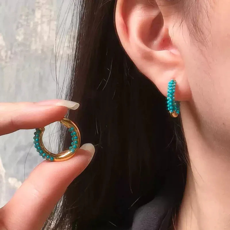 Turquoise Round Bead S925 Silver Earrings - OOAKB