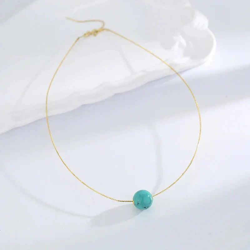 S925 Silver Plated 18K Gold Turquoise Round Bead DIY Necklace - OOAKB