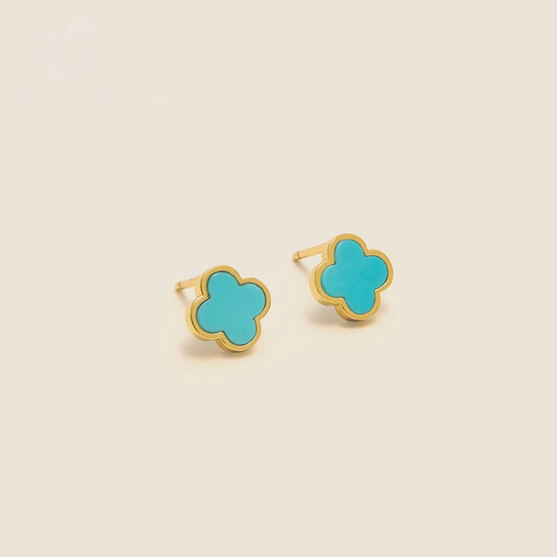 18K Gold Natural Turquoise Clover Earrings