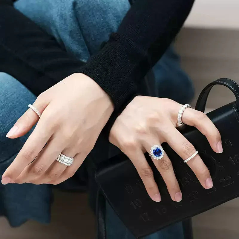 Royal Blue Sapphire S925 Silver Rhodium-Plated Diana-Style Ring - OOAKB