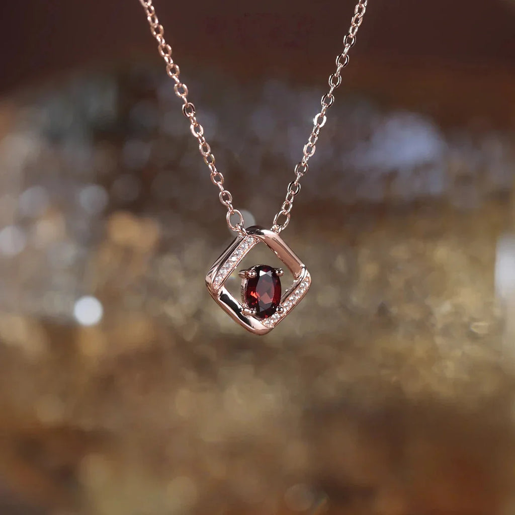 Garnet S925 Silver Square Frame Collarbone Chain - OOAKB