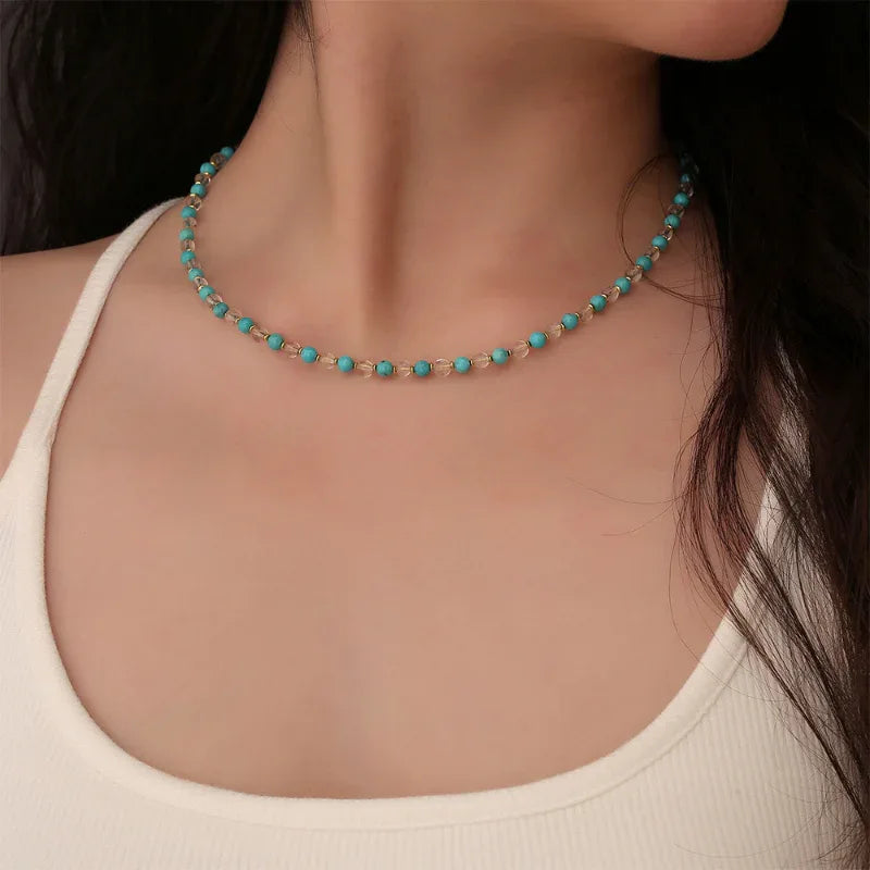 Natural Turquoise Round Bead Crystal Luxury Necklace - OOAKB