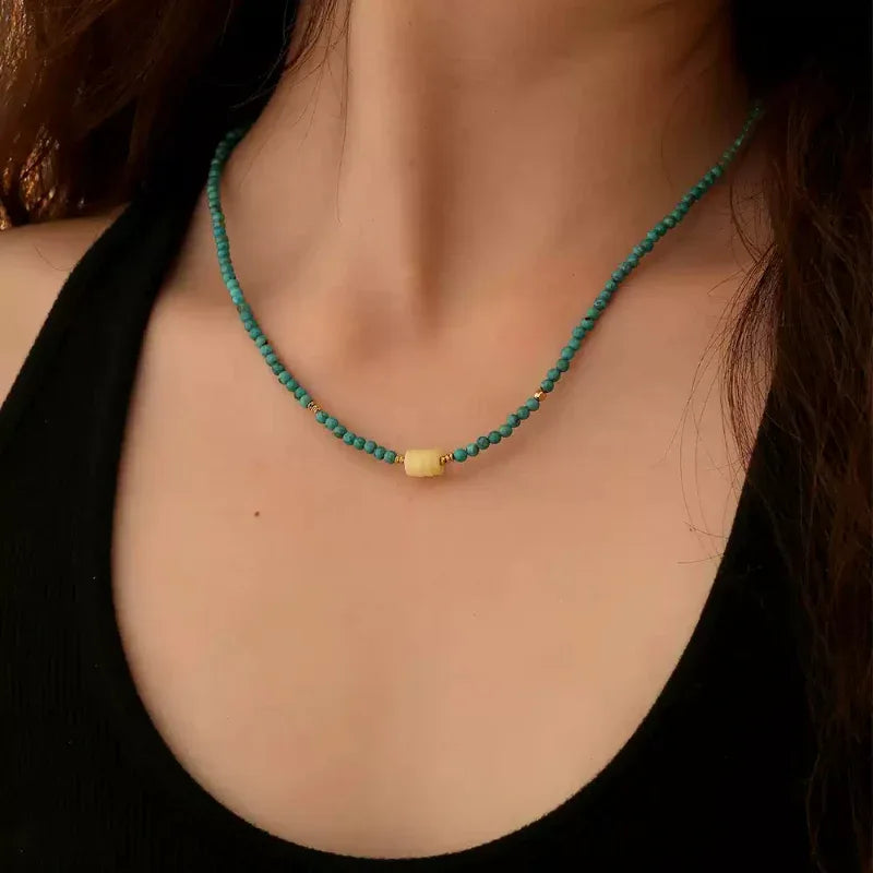 Turquoise Round Bead & Beeswax S925 Silver Necklace - OOAKB
