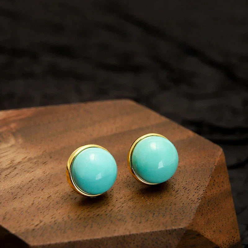 Natural Turquoise Single Bead Round Earrings - OOAKB
