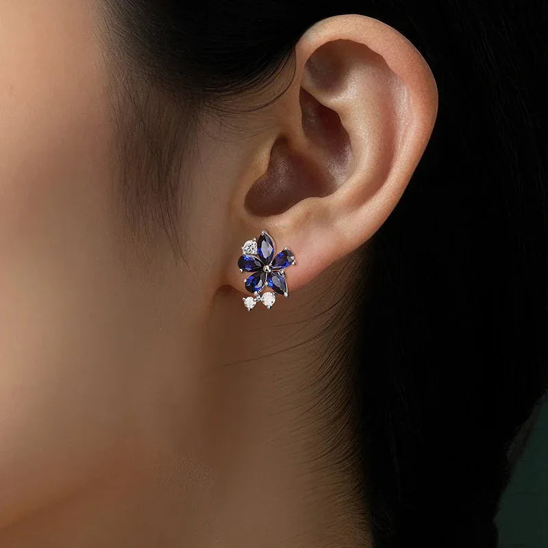 Sapphire S925 Silver Five-Petal Flower Earrings - OOAKB