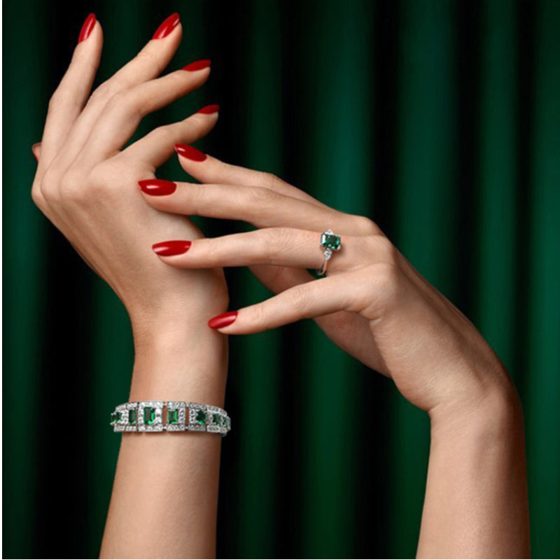 Emerald Emerald-Cut Full-Diamond Bracelet S925 Silver Women's Style