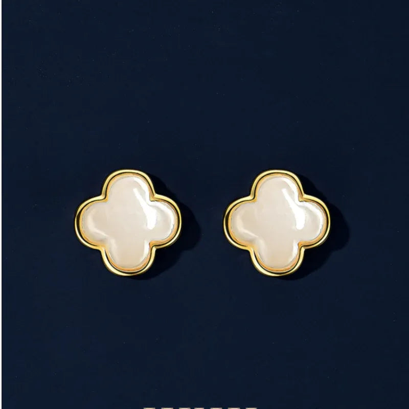 3D Lucky Clover Hetian Jade Stud Earrings S925 Silver Women's Style - OOAKB