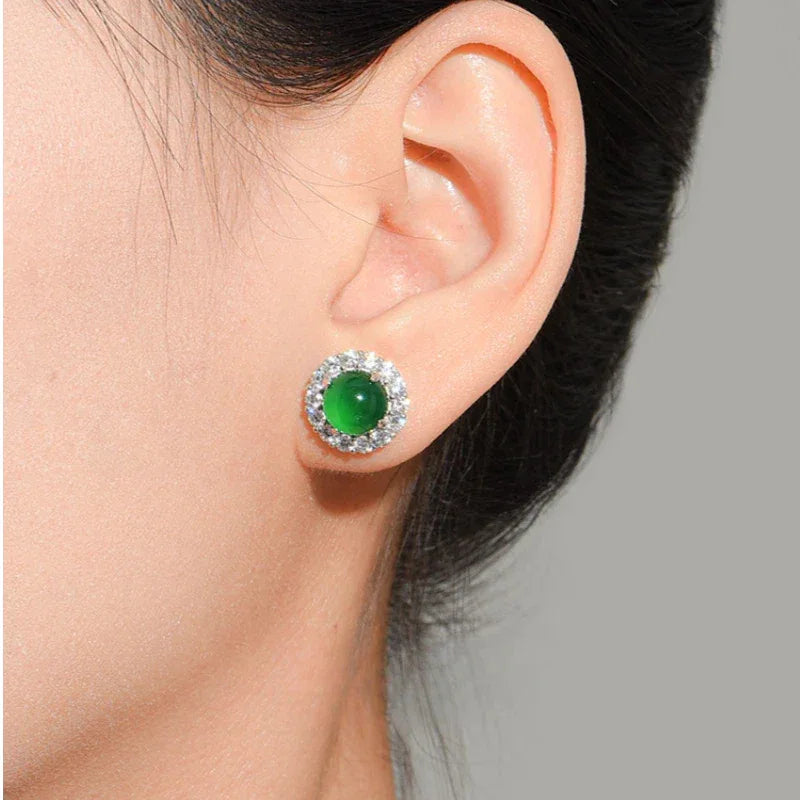 Jade Green Icy Chrysoprase Stud Earrings S925 Silver Women's Style - OOAKB
