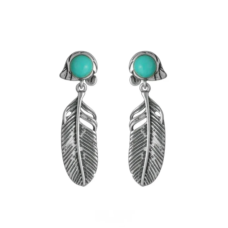 Silver Turquoise Feather Earrings Unisex - OOAKB