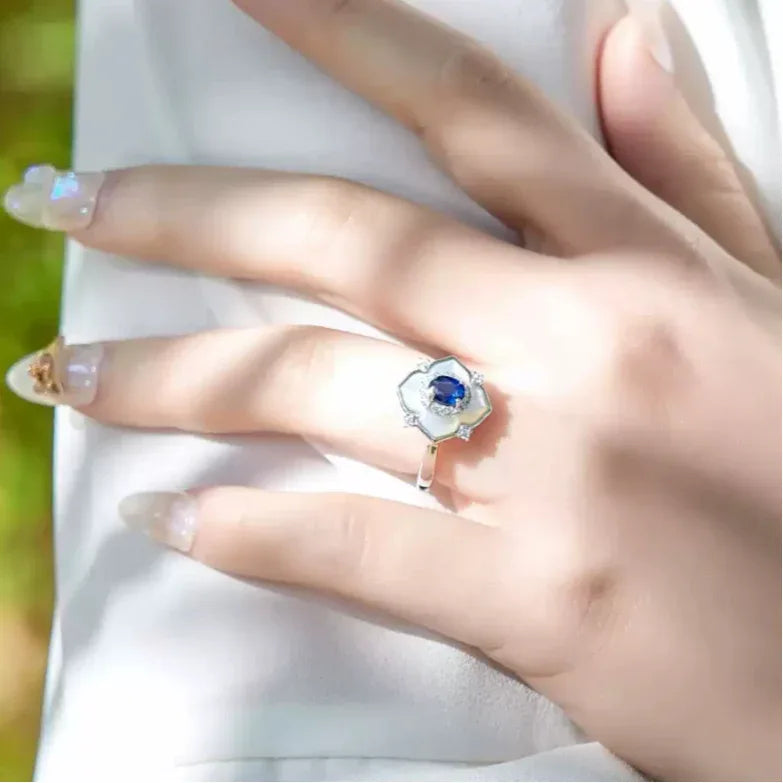 Sapphire S925 Silver Diamond Border Adjustable Ring - OOAKB