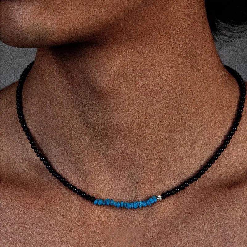 Silver Black Agate Turquoise Beaded Necklace - OOAKB