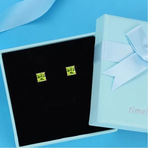 Natural Peridot Geometric Square Luxury Silver Earrings - OOAKB