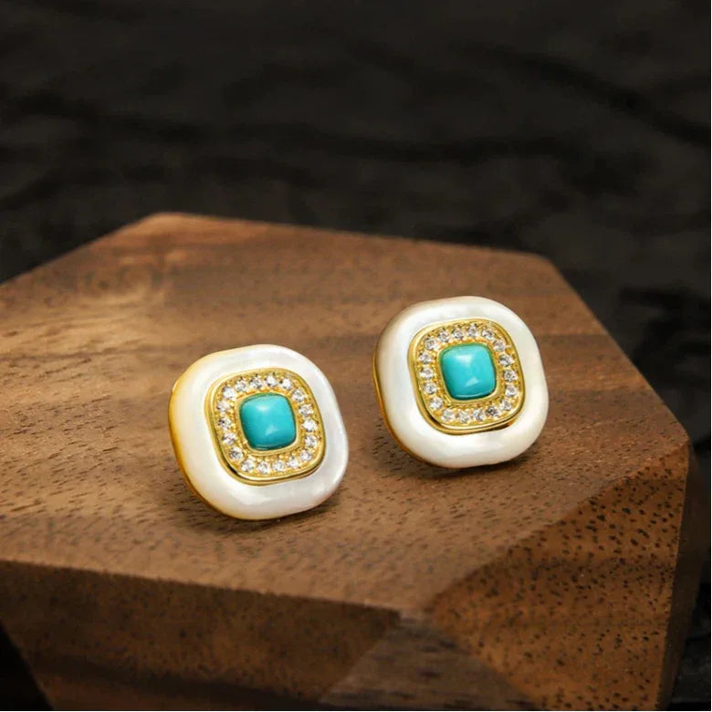 Turquoise Square White Mother of Pearl S925 Silver Earrings - OOAKB