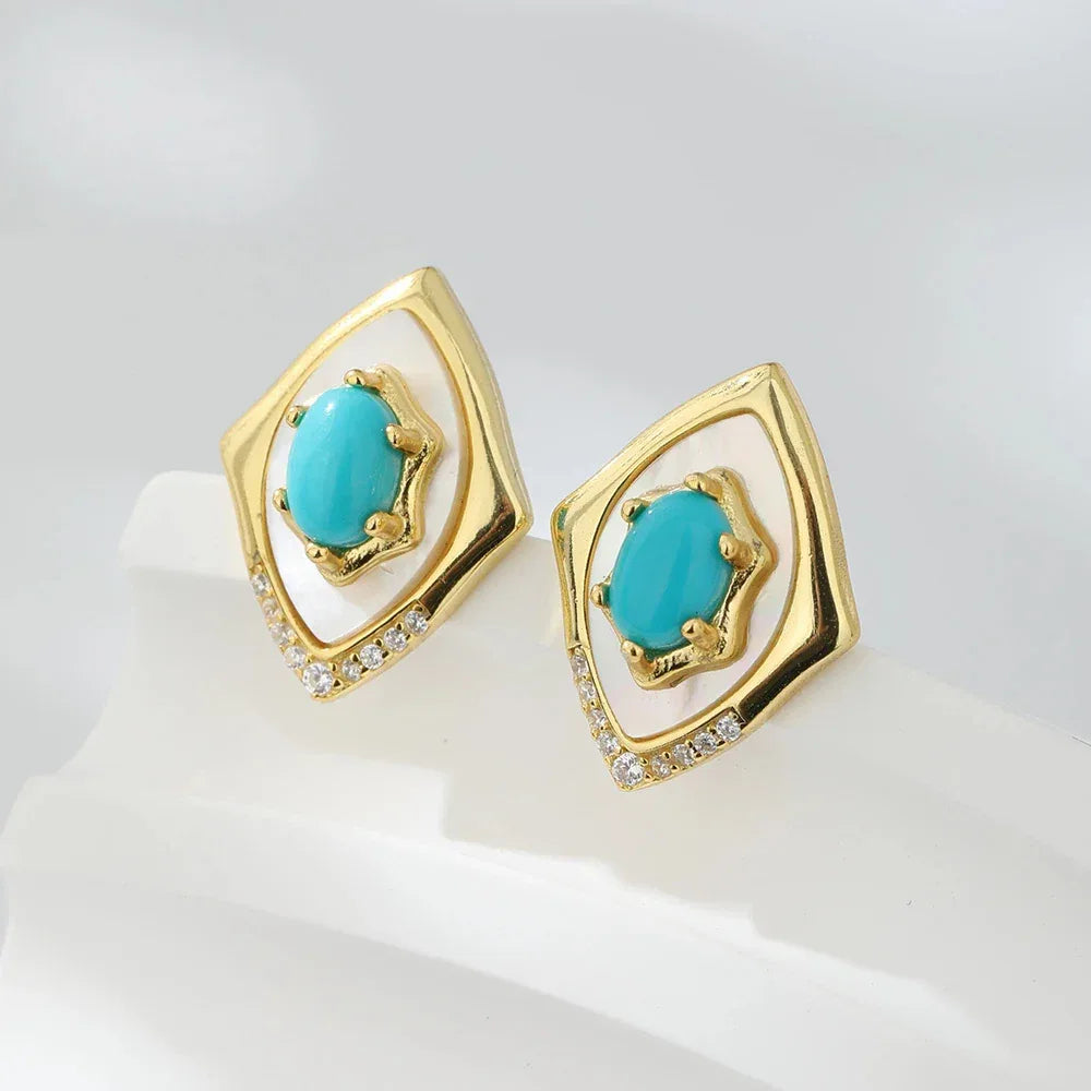 Turquoise Sleeping Beauty Mother of Pearl S925 Silver Earrings - OOAKB