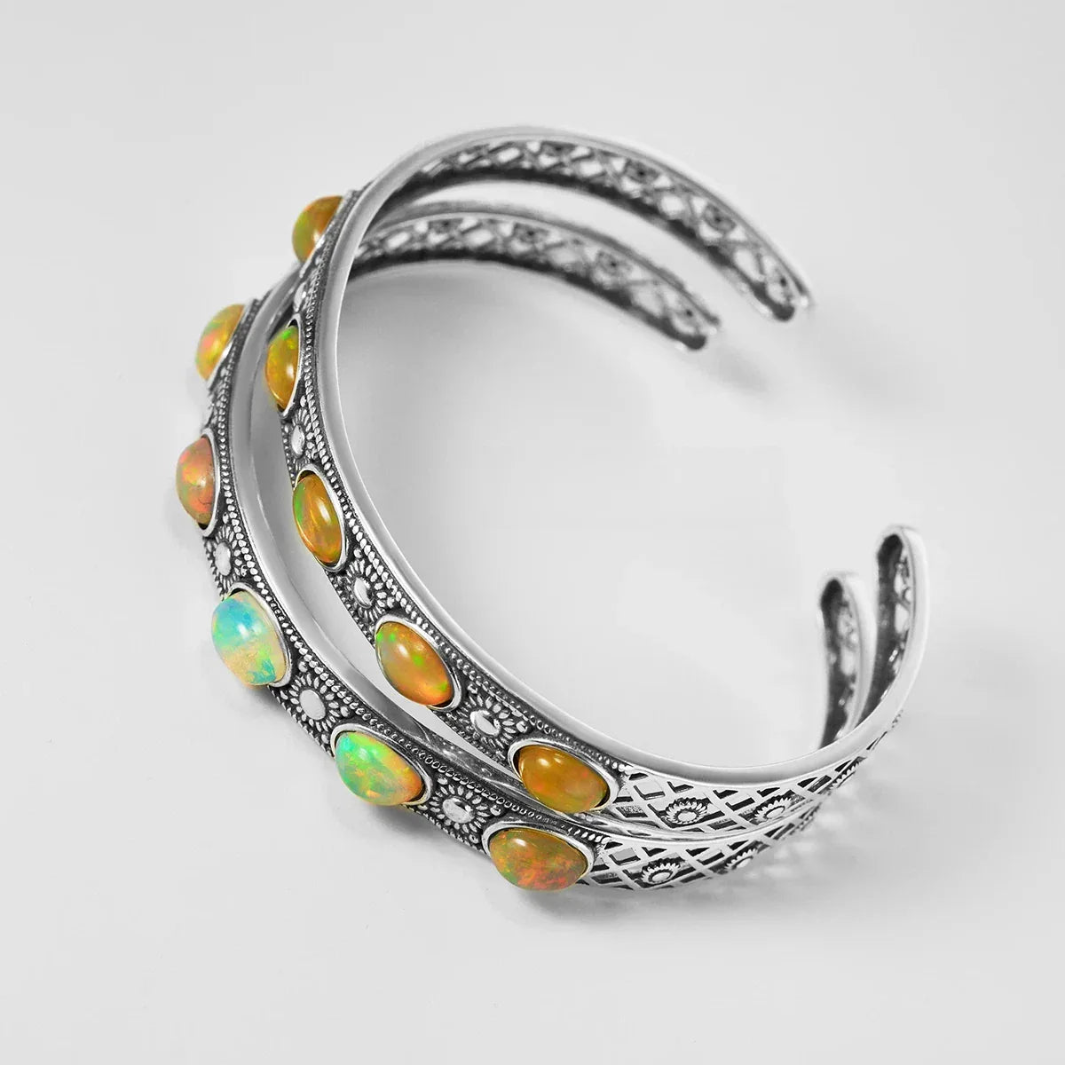 Natural Opal Iridescent S925 Silver Vintage Bracelet - OOAKB