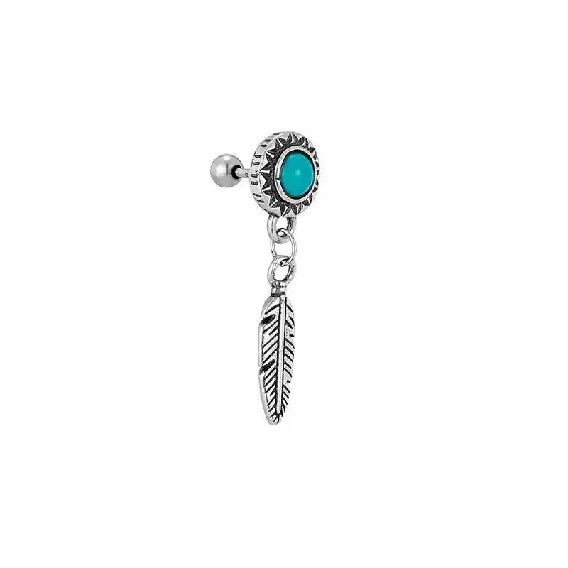 S925 Silver Antiqued Feather Turquoise Earrings - OOAKB
