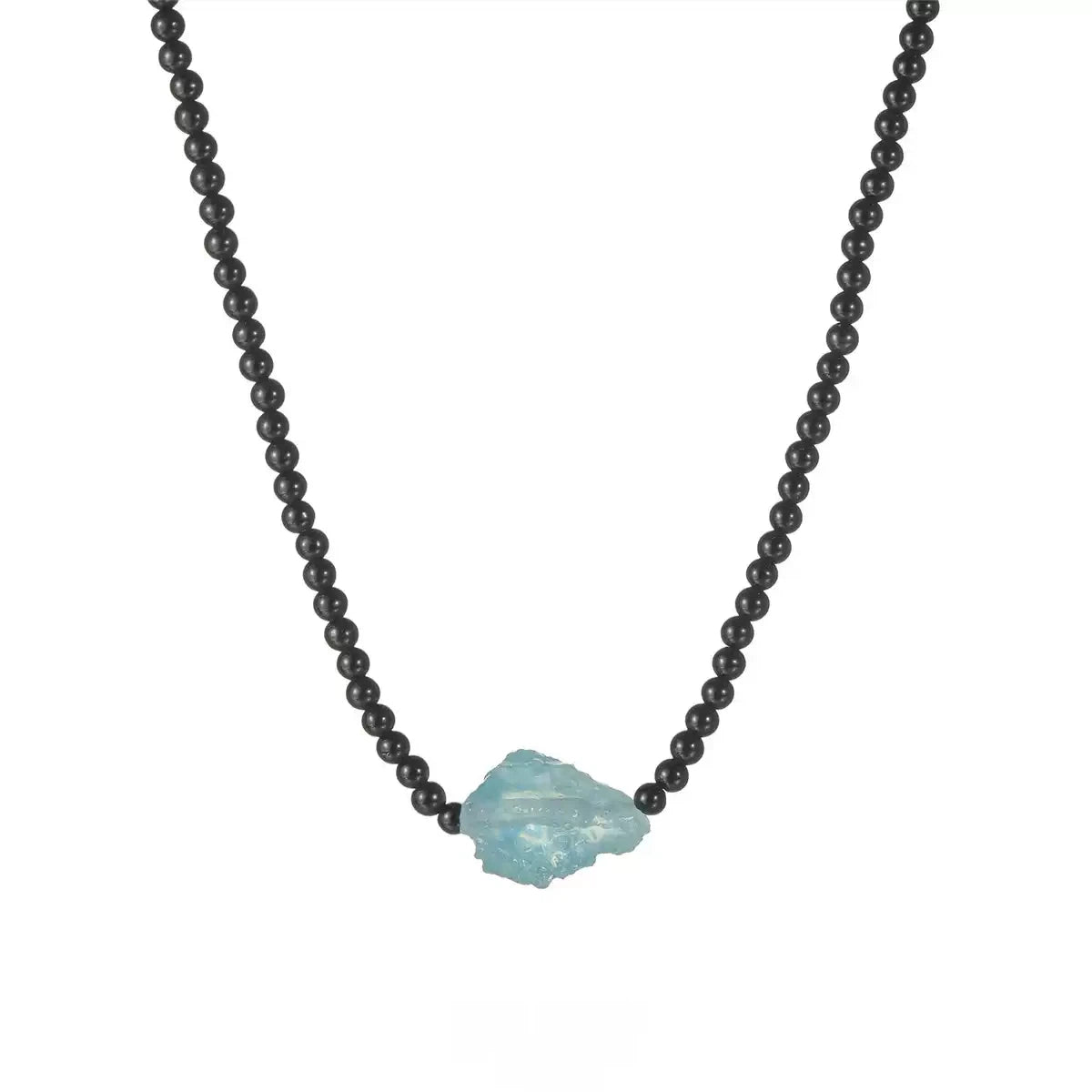 Black Agate Beaded Aquamarine Collarbone Chain