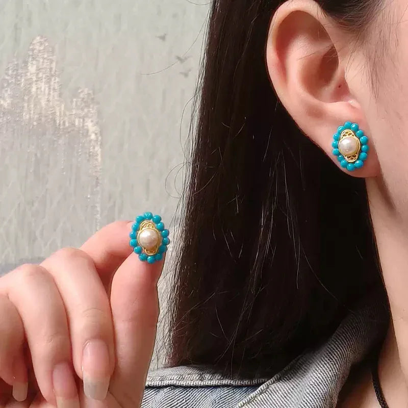 American Turquoise Seed Pearl Earrings - OOAKB
