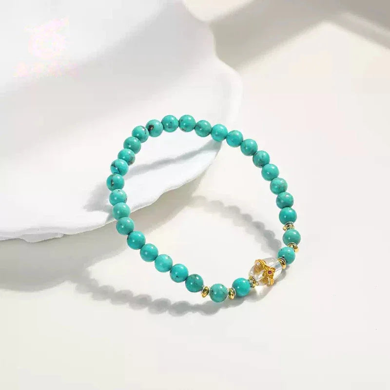 Turquoise Round Bead Crystal S925 Silver Bracelet - OOAKB