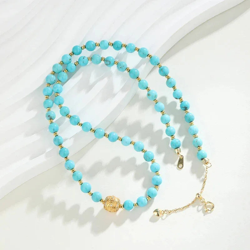 Natural Turquoise Round Bead Gradient Tower Chain DIY Luxury Necklace - OOAKB