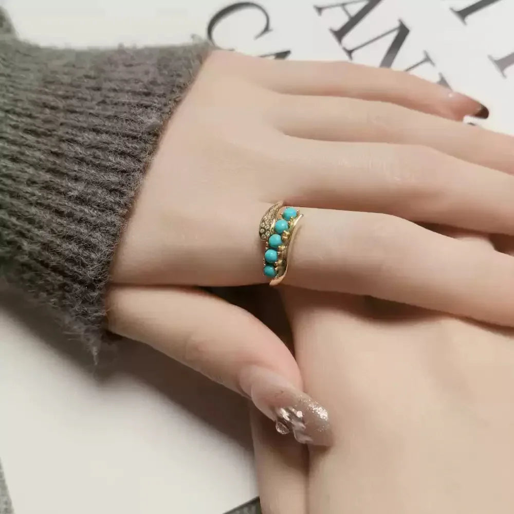 Natural Turquoise Bamboo Leaf Row Luxury Ring - OOAKB