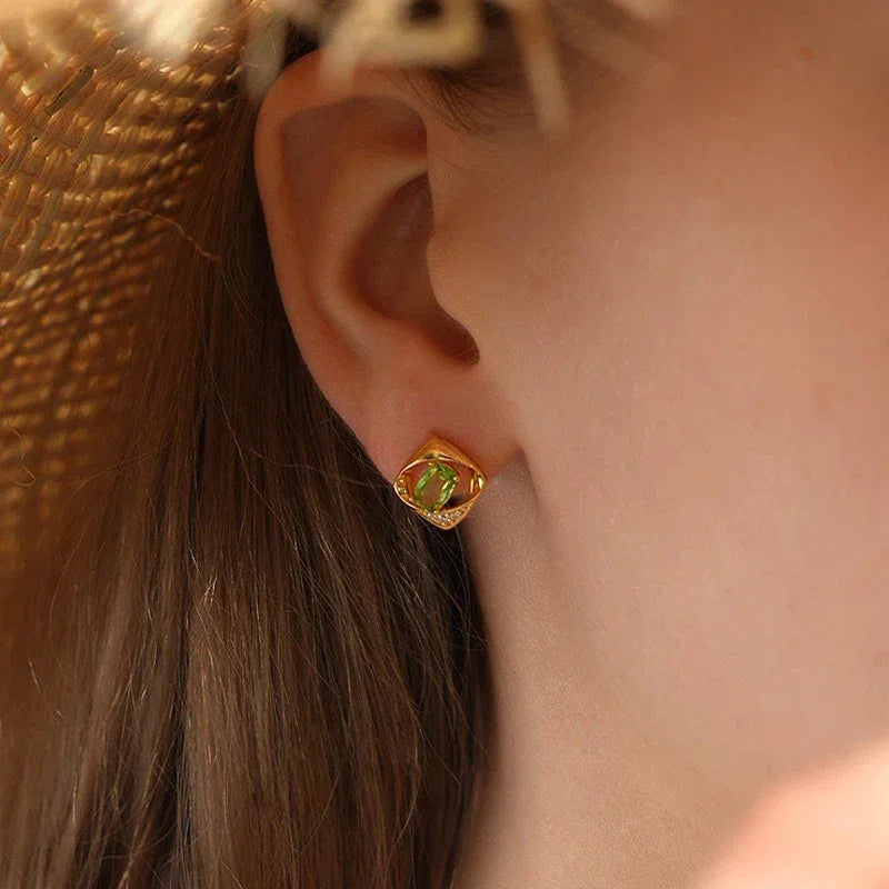 Natural Square Hollowed-Out Peridot Earrings - OOAKB