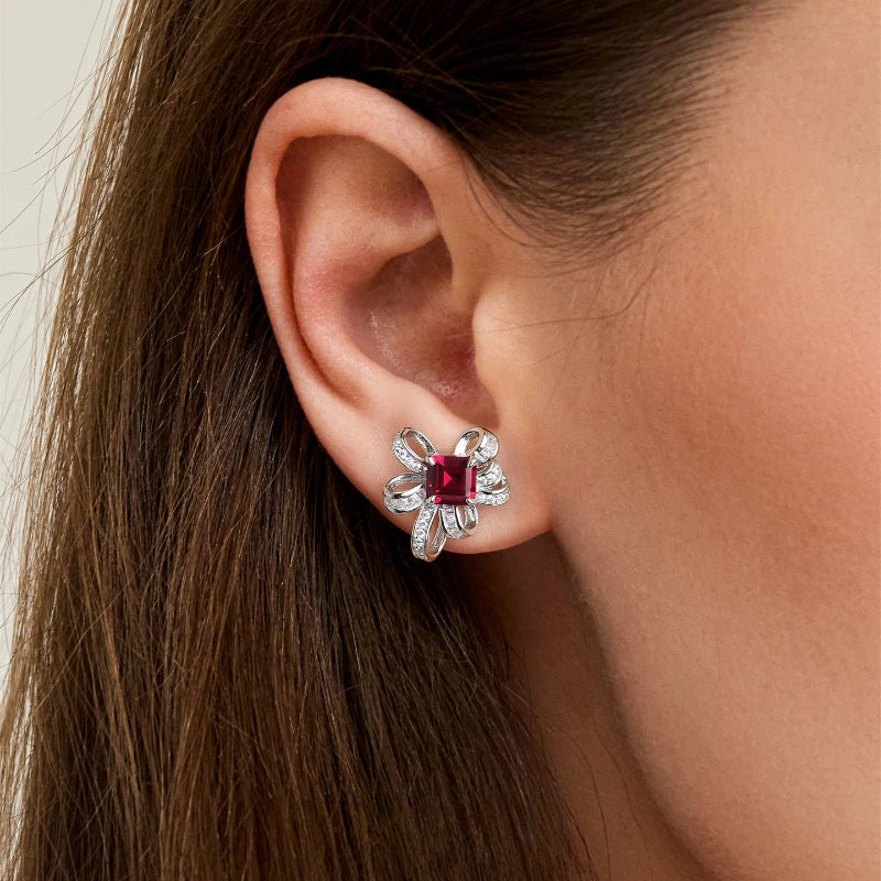 Ruby Bowknot Four-Claw Set Earrings