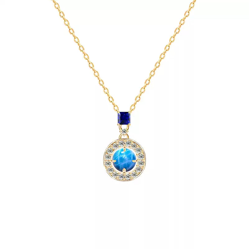 Blue Iridescent Opal S925 Silver Diamond-Inlaid Necklace