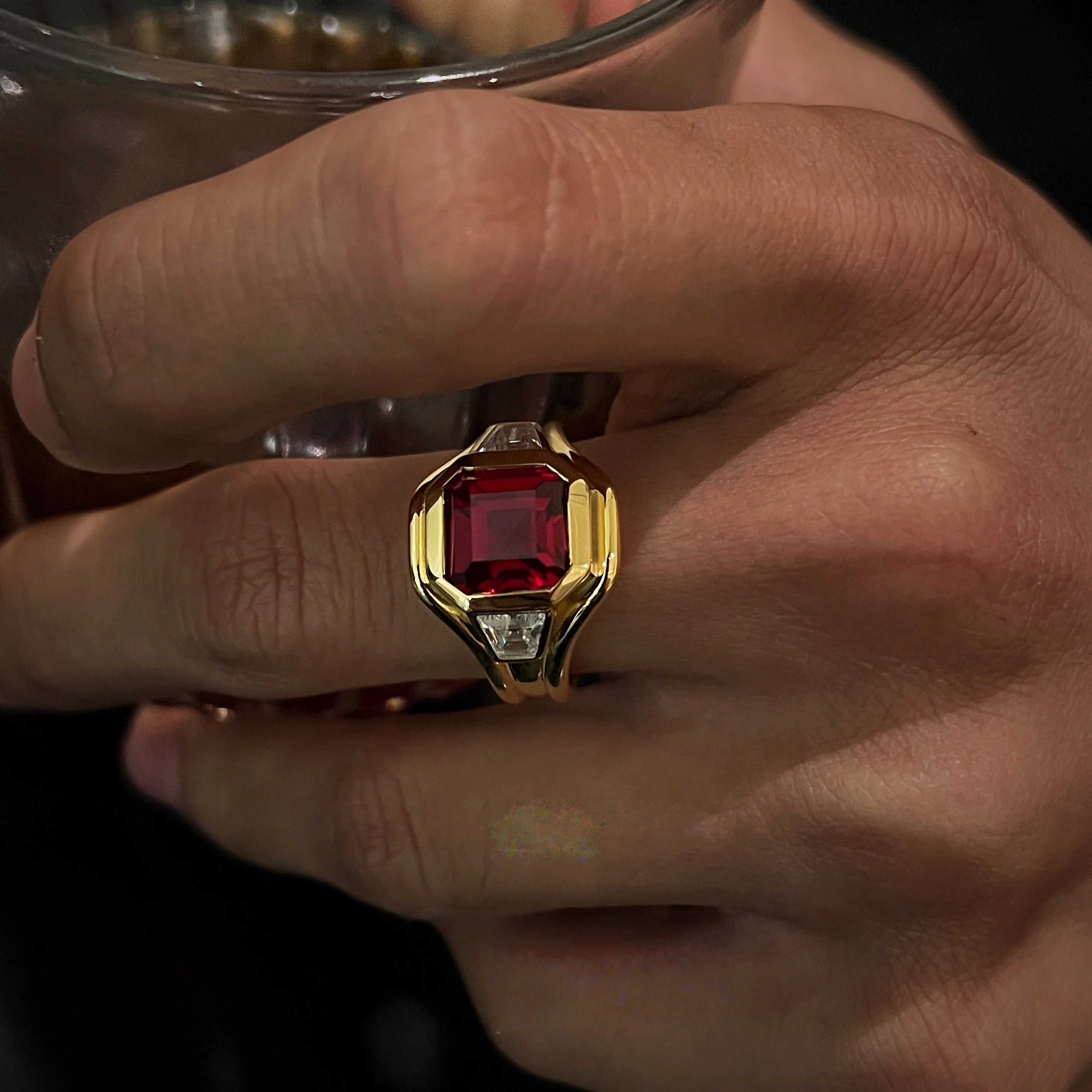 S925 Silver Plated 18K Gold Three-Stone Ruby Ring