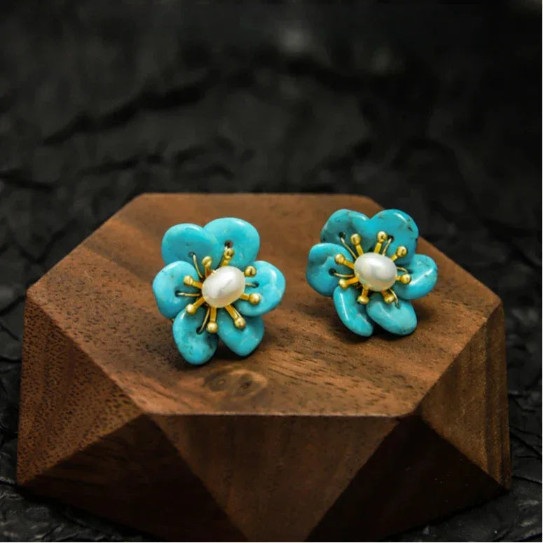 Natural Turquoise Seed Material Pearl Flower Earrings - OOAKB