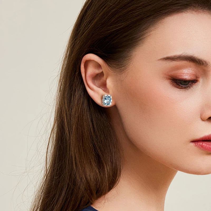 Natural Topaz Square Sugar Stud Earrings S925 Silver Women's Style