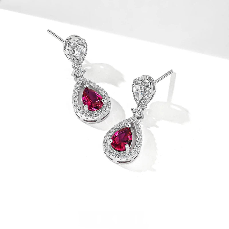 Pigeon Blood Ruby Teardrop Earrings S925 Silver Women's Style