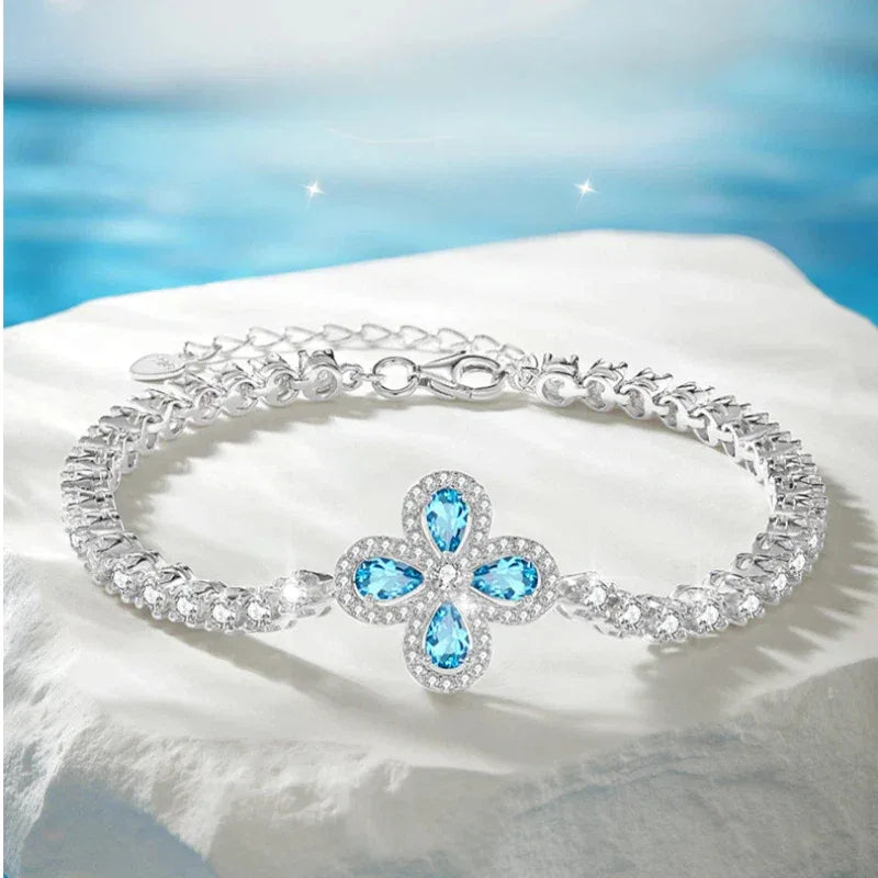 London Blue Topaz S925 Silver Four-Leaf Clover Bracelet - OOAKB