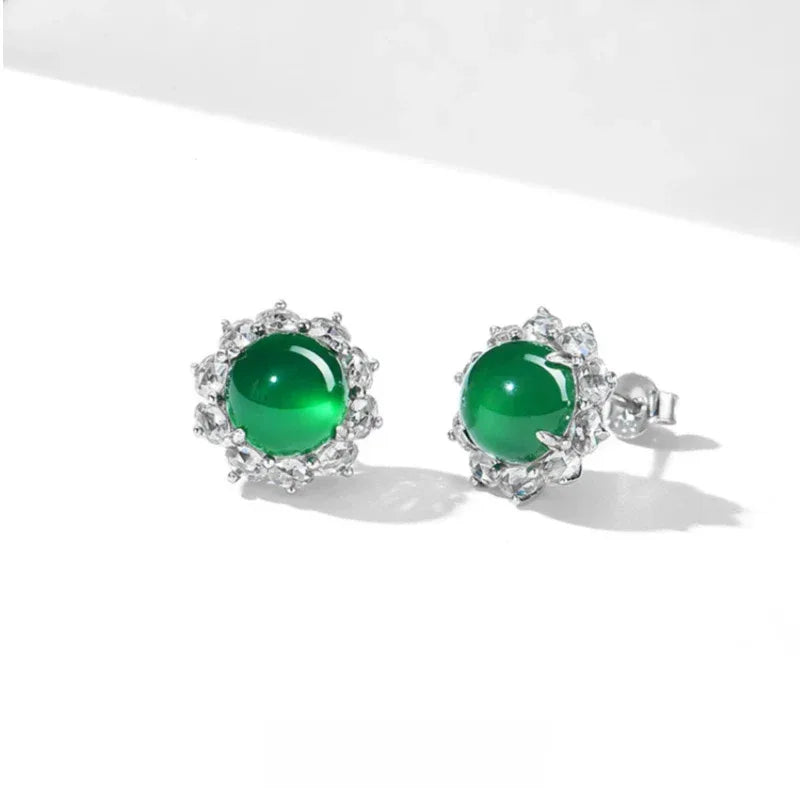 Chrysoprase Sunflower Cabochon Earrings S925 Silver Women's Style - OOAKB