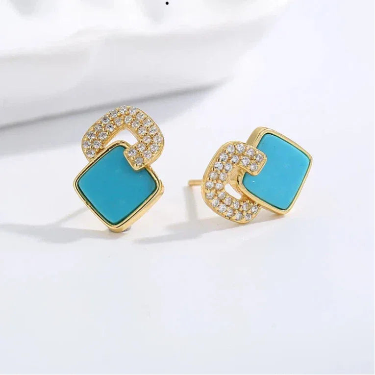Natural Turquoise Square Luxury Earrings - OOAKB
