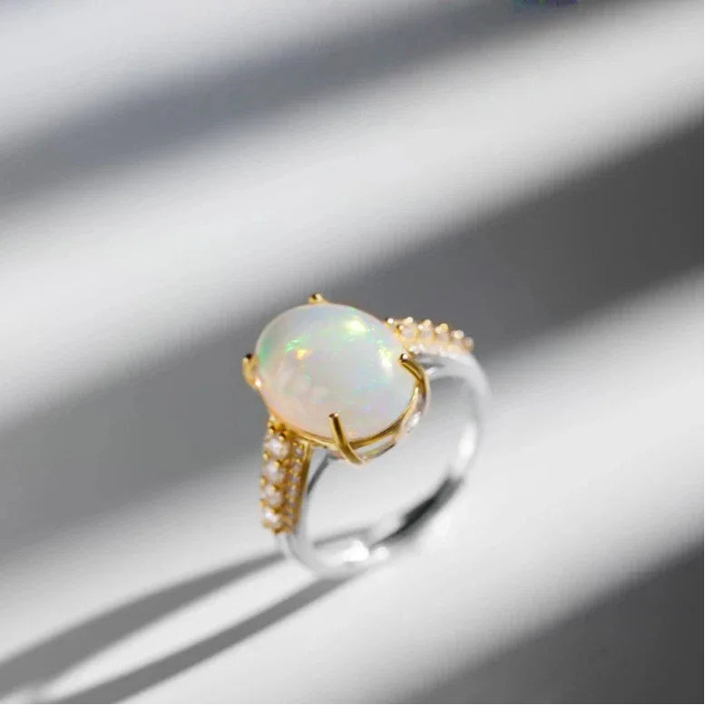 Natural Opal S925 Silver Gold-Plated Vintage Adjustable Ring - OOAKB